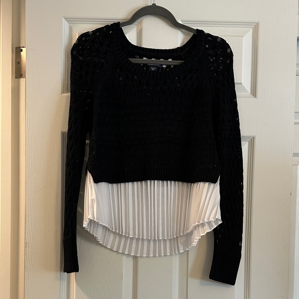 Maeve by Anthropologie black knit sweater with pleated faux shirt, size M